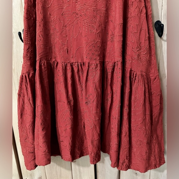 Boho Bohemian Embroidered Rust Red Sleeveless Ruffle Cami Mini Dress - Picture 6 of 7